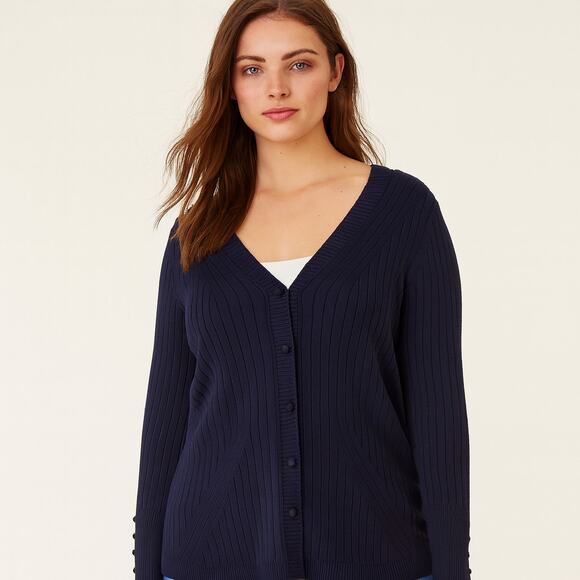 ECRU Navy Ribbed Cardigan with Sleeve Button Detail • Size S - Picture 3 of 6